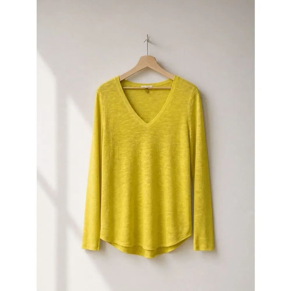 Eileen Fisher Organic Linen V Neck Top L Petite Yellow Lightweight Minimalist